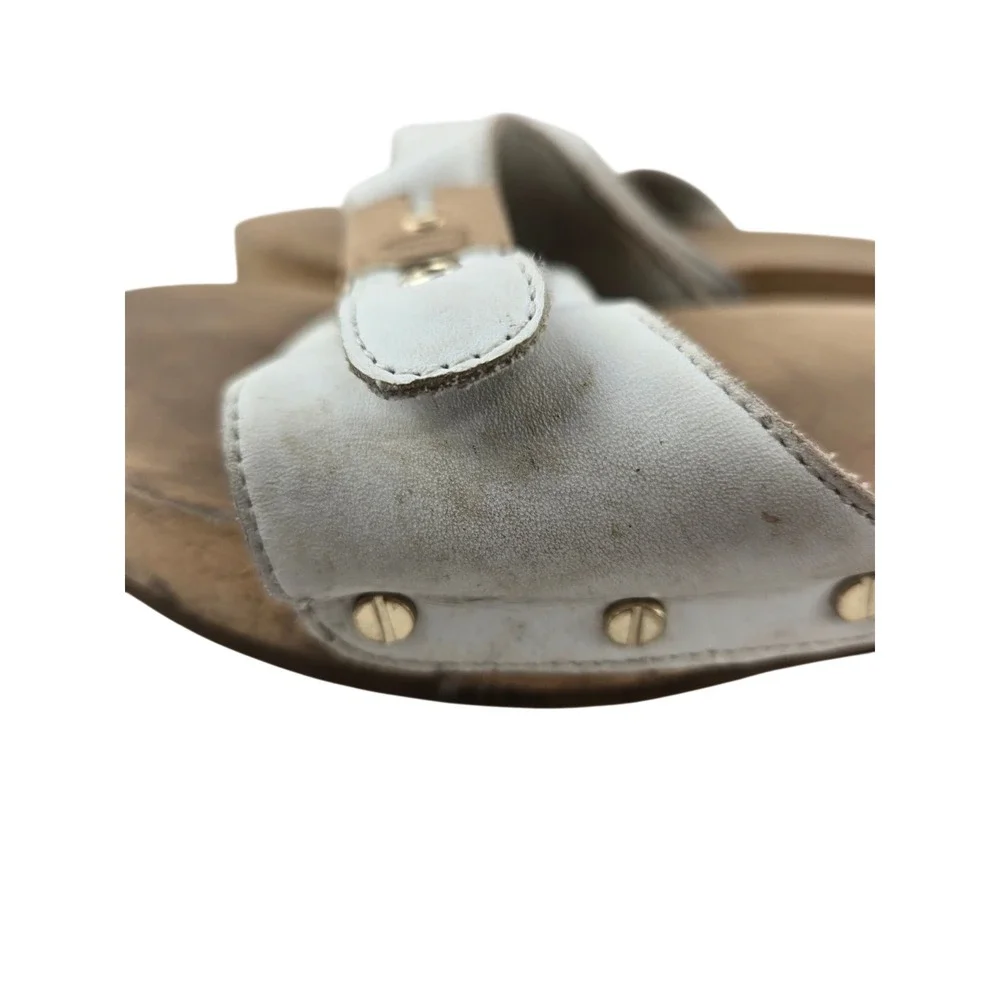 Dr. Scholls Original Collection White Leather Wood Clog Slide Sandals Womens 9M